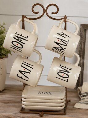 Cracker Barrel Stoneware Mug & Plate Set with Metal Caddy – Home Family Faith Lo